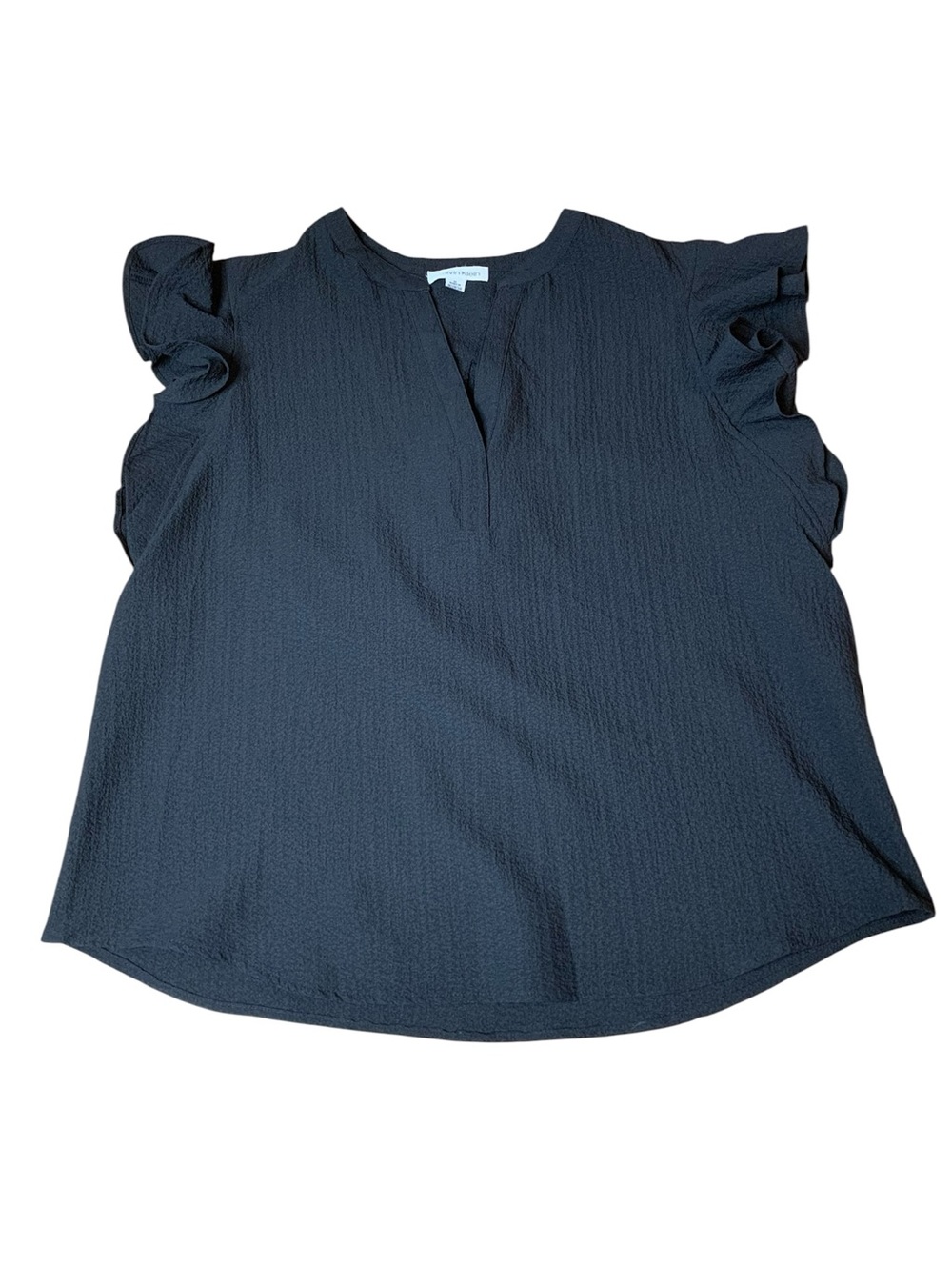 Calvin Klein Black Textured Crepe Split Neck Ruffle Sleeve Blouse - Medium